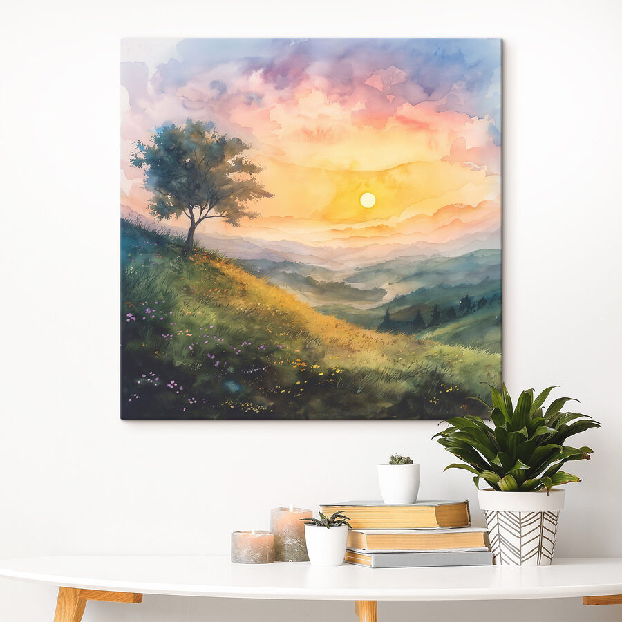 Gemälde einer Landschaft mit einem Baum und Blumen Gemälde einer Landschaft mit einem Baum und Blumen