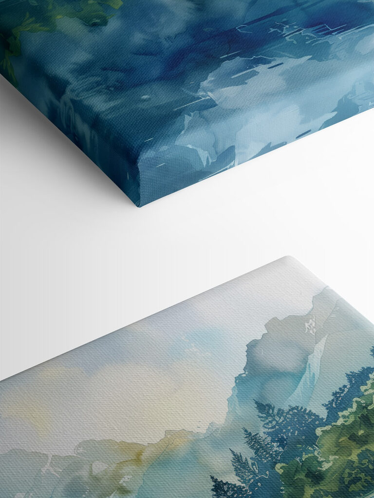 Water painting of a lake with trees and mountains in the background Water painting of a lake with trees and mountains in the background