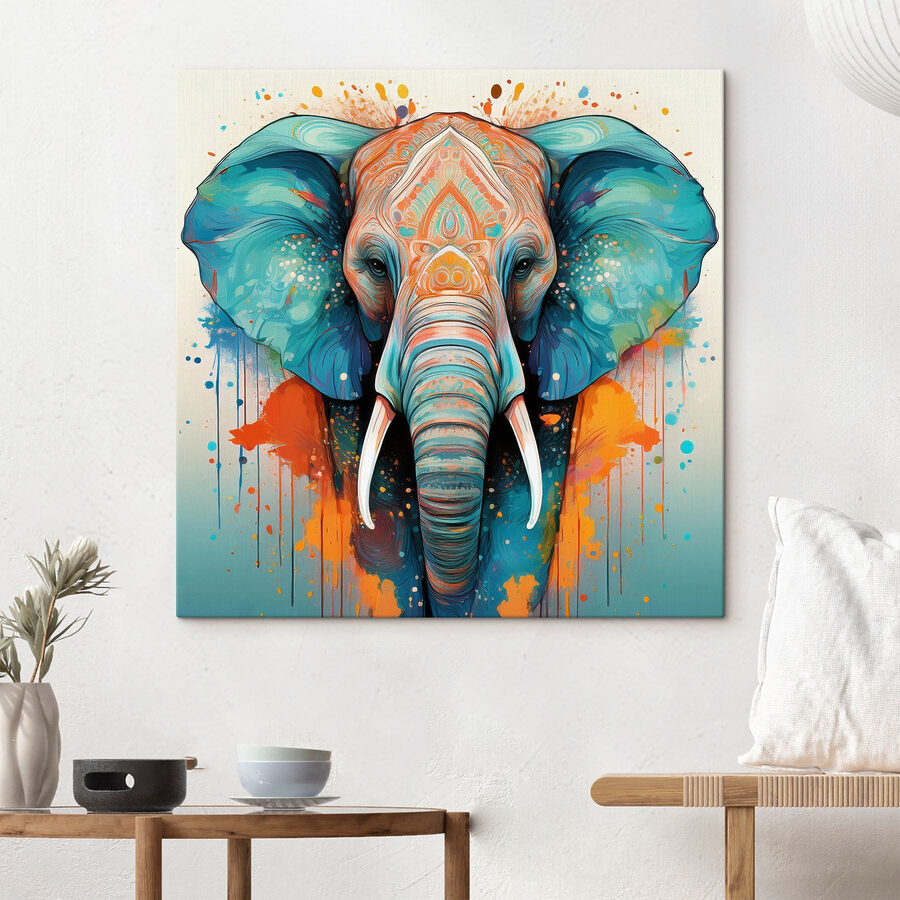 Ein Elefant mit bunten Farbspritzern