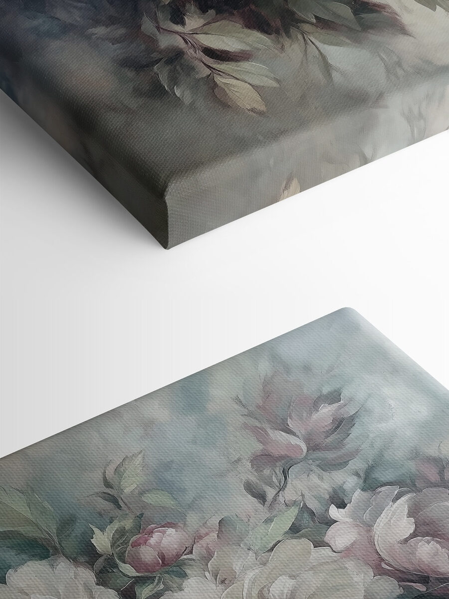 Gemälde mit Blumen auf blauem Hintergrund