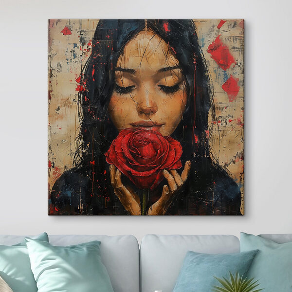 Gemälde einer Frau, die eine rote Rose hält Gemälde einer Frau, die eine rote Rose hält