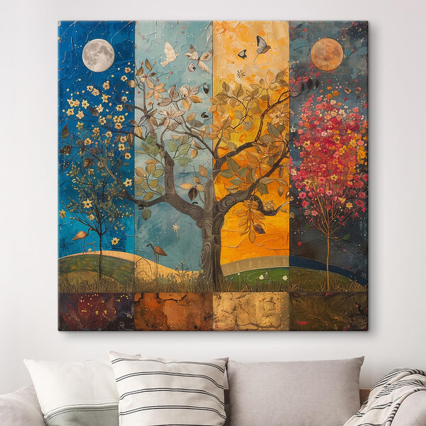 Painting of a tree with different colors of trees and birds