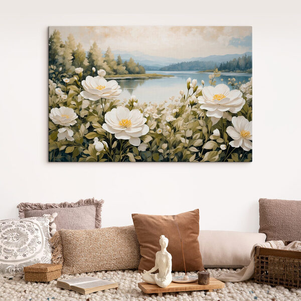 Gemälde von Blumen an einem See Gemälde von Blumen an einem See