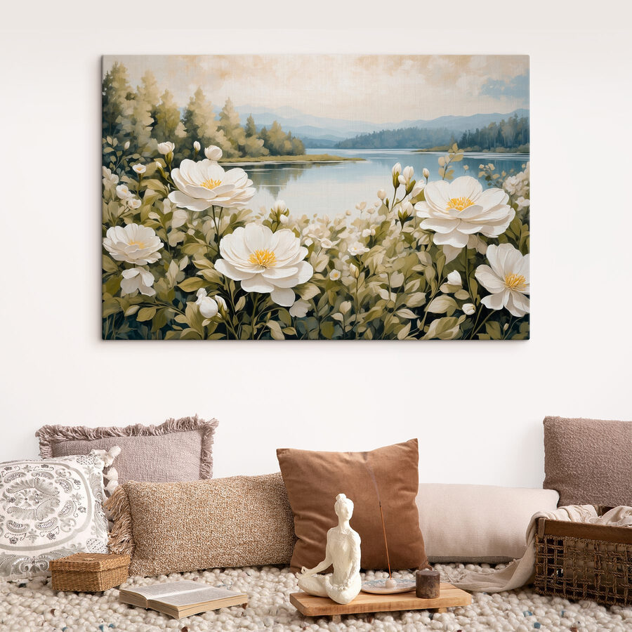 Gemälde von Blumen an einem See