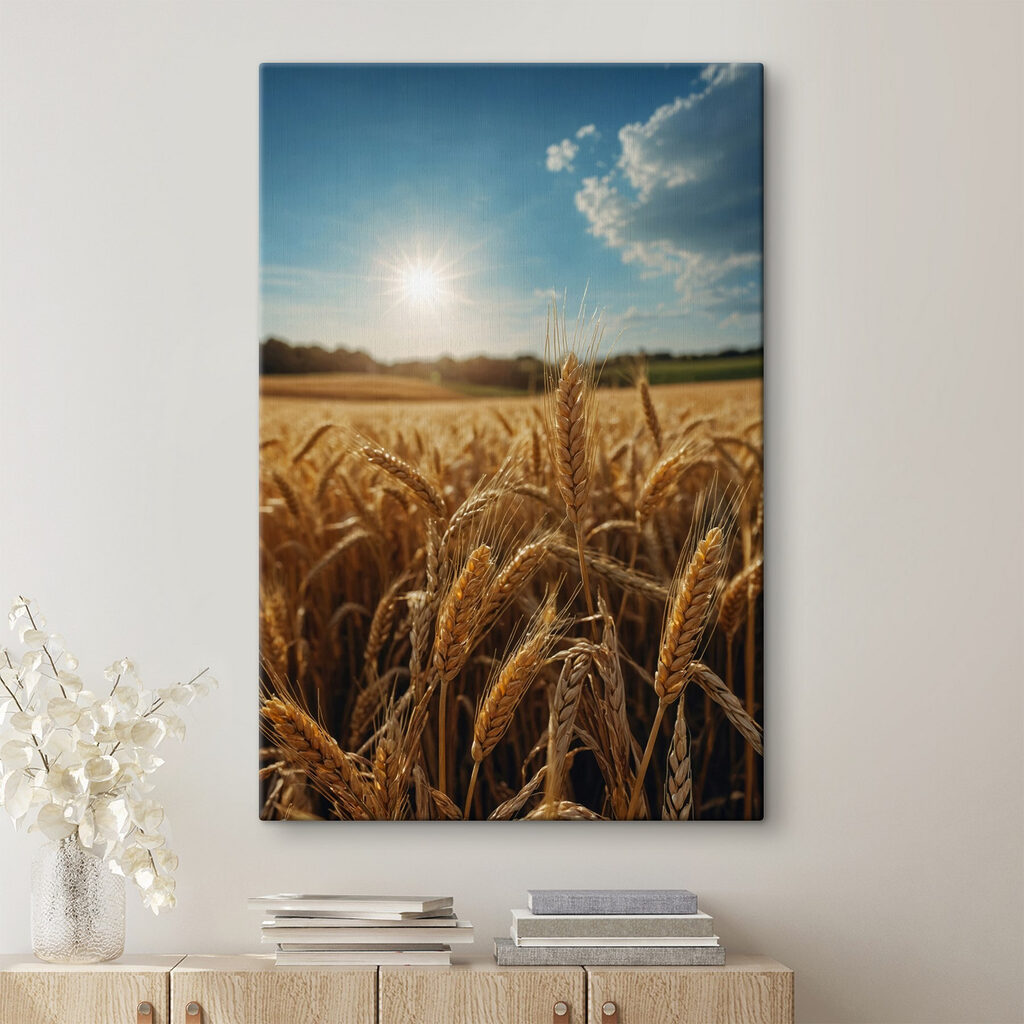 Field of wheat with the sun shining in the background