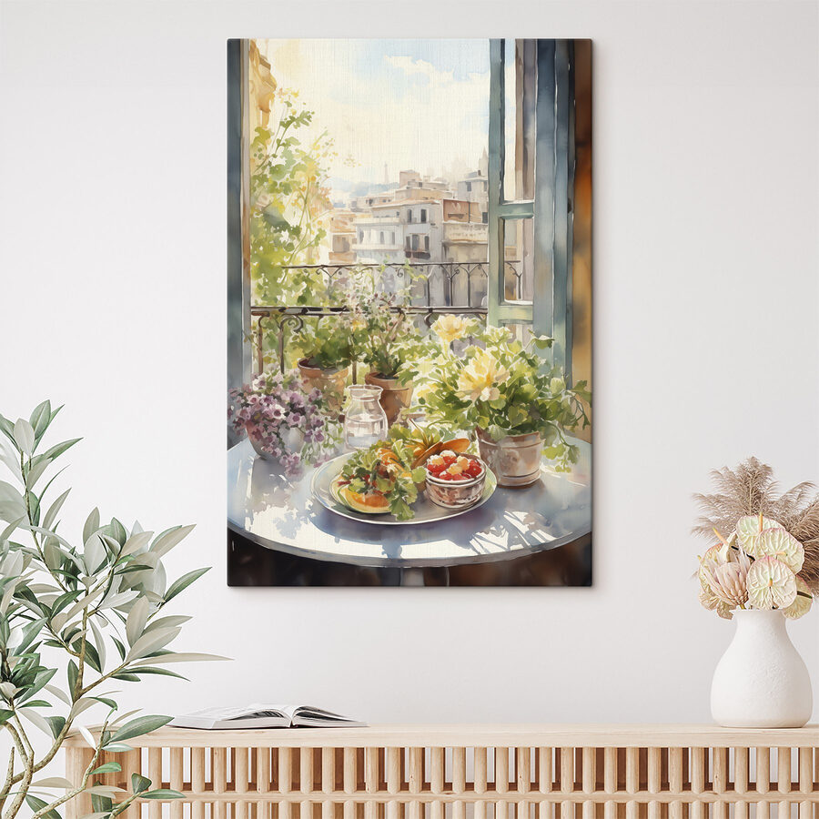 Aquarellmalerei von Blumen und Früchten auf einem Tisch vor einem Fenster