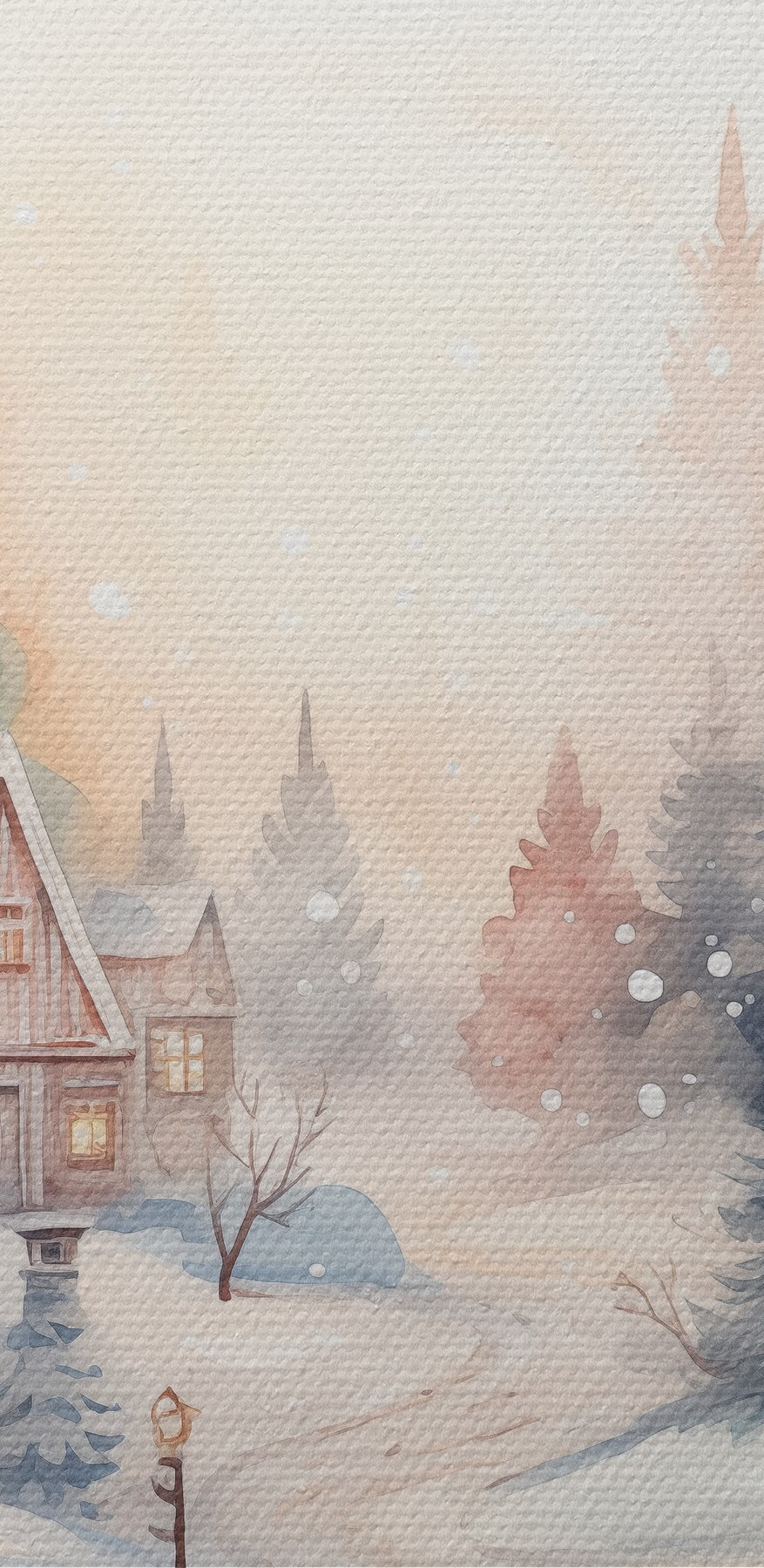 Aquarellmalerei von Häusern in einem verschneiten Wald