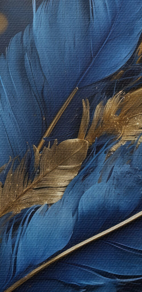 Vibrant feathers against a dark backdrop