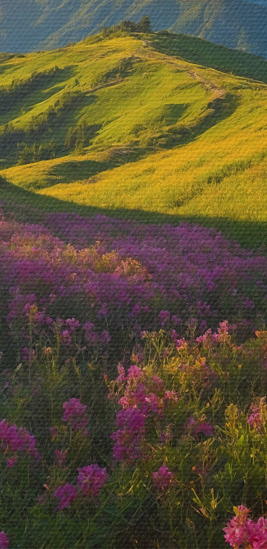 Blumenfeld mit Bergen im Hintergrund