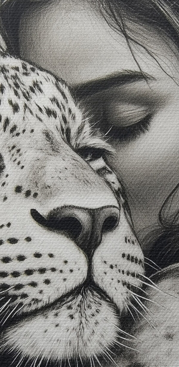 Zeichnung einer Frau, die einen Leoparden umarmt Zeichnung einer Frau, die einen Leoparden umarmt