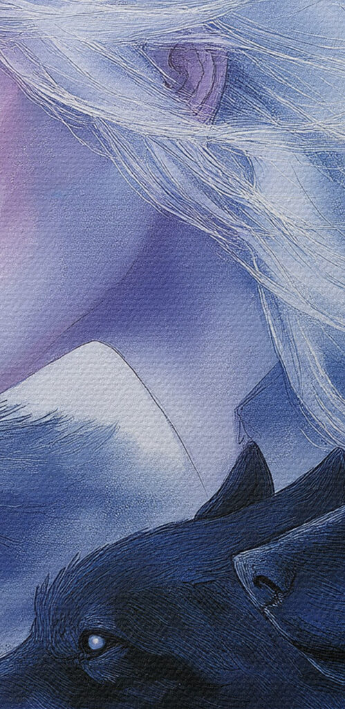 Woman with white hair and wolfs Woman with white hair and wolfs