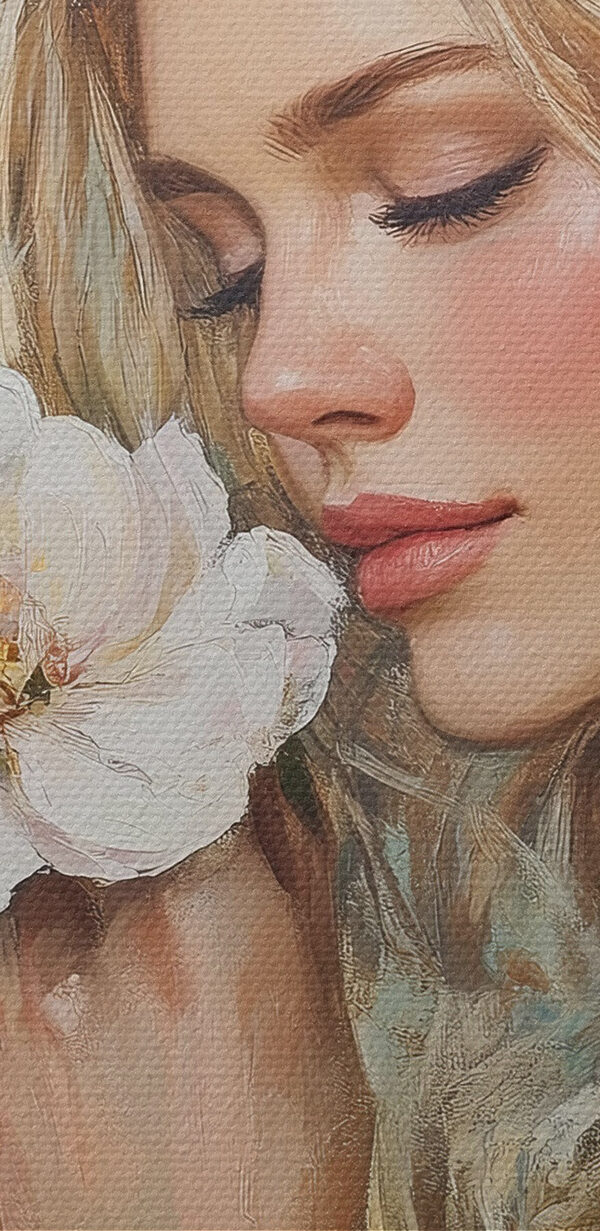 Gemälde einer Frau, die an Blumen riecht Gemälde einer Frau, die an Blumen riecht