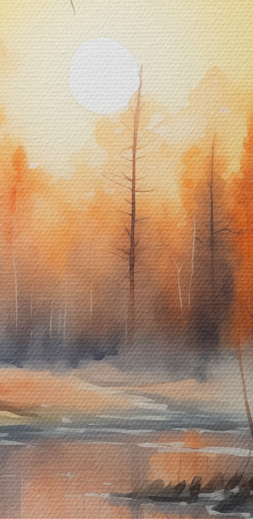 Aquarellmalerei eines Flusses mit Bäumen und Pflanzen