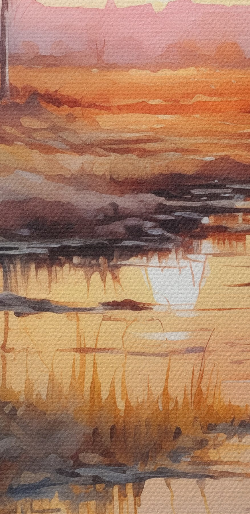 Aquarell eines Flusses mit Bäumen und einem Sonnenuntergang