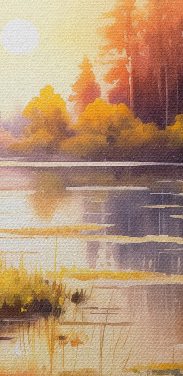 Aquarellmalerei eines Sees mit Bäumen und Gras Aquarellmalerei eines Sees mit Bäumen und Gras