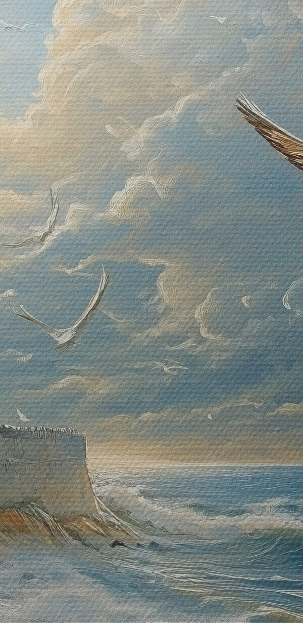 Gemälde von Vögeln, die über einen Strand fliegen Gemälde von Vögeln, die über einen Strand fliegen