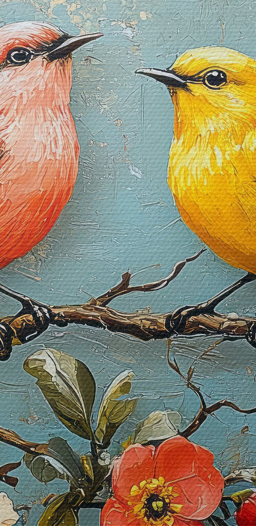 Group of birds on a branch with flowers