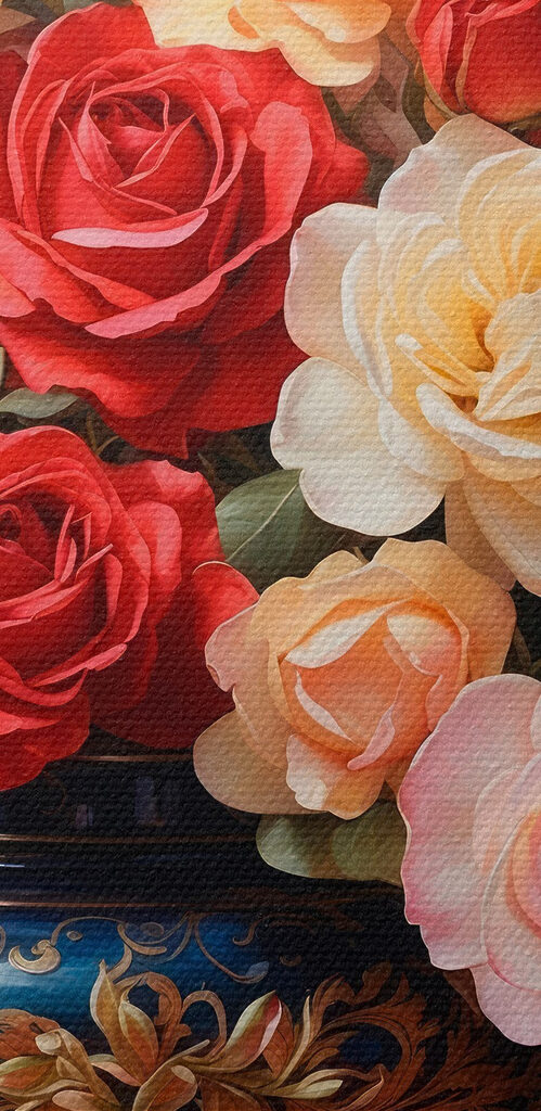 Vase of flowers and fruit