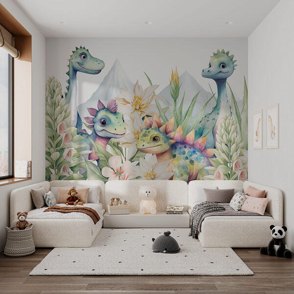 Gruppe von Dinosauriern umgeben von Blumen Gruppe von Dinosauriern umgeben von Blumen