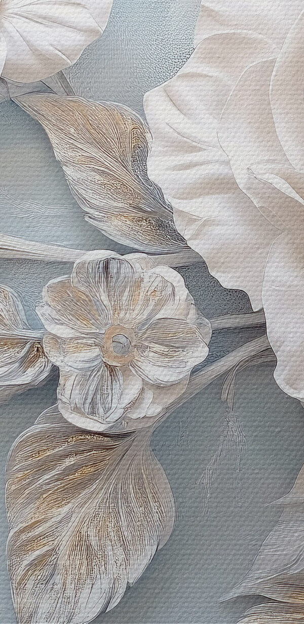 Weiße Blüten und Blätter auf einer blauen Fläche Weiße Blüten und Blätter auf einer blauen Fläche