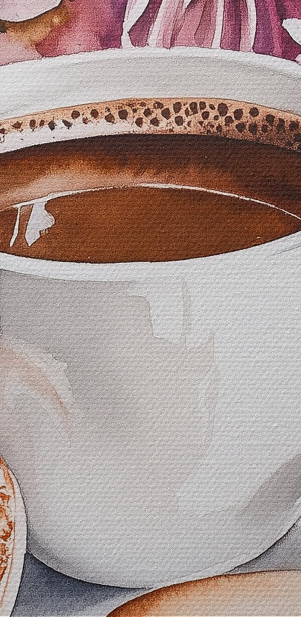 Aquarellmalerei einer Tasse Kaffee und Keksen Aquarellmalerei einer Tasse Kaffee und Keksen
