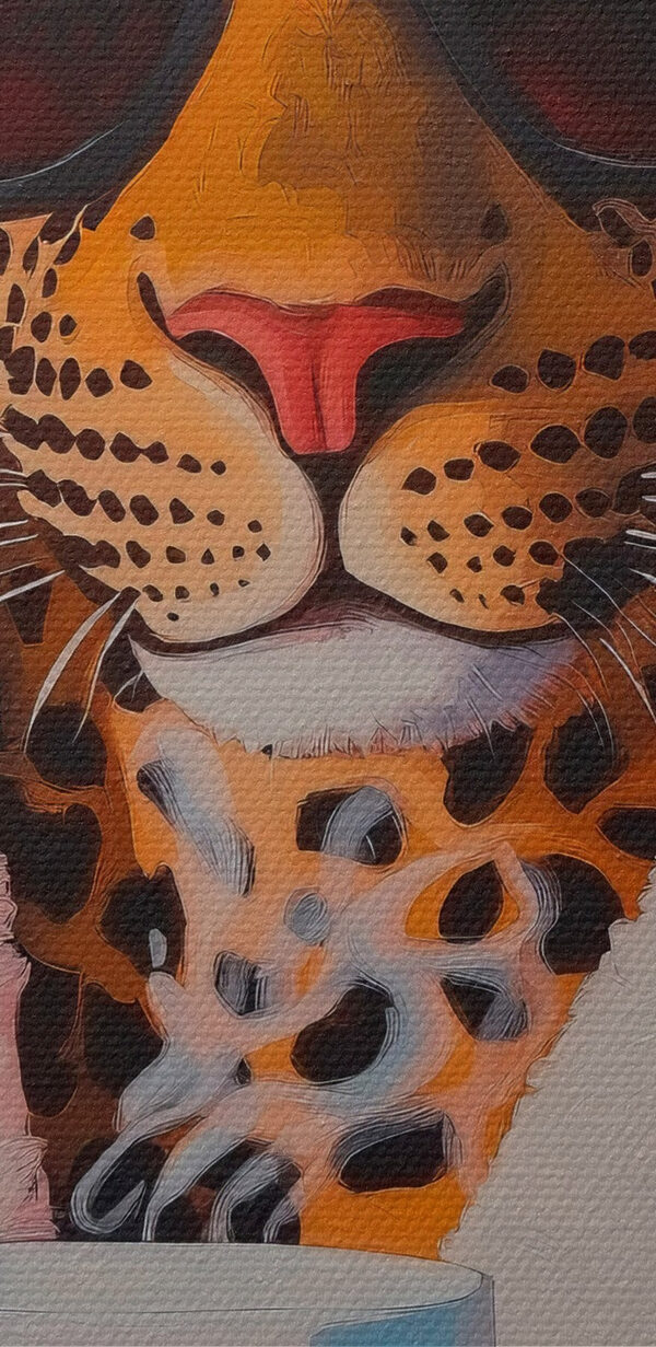 Gemälde eines Leoparden, der ein Gewand und eine Sonnenbrille trägt und eine Tasse hält Gemälde eines Leoparden, der ein Gewand und eine Sonnenbrille trägt und eine Tasse hält