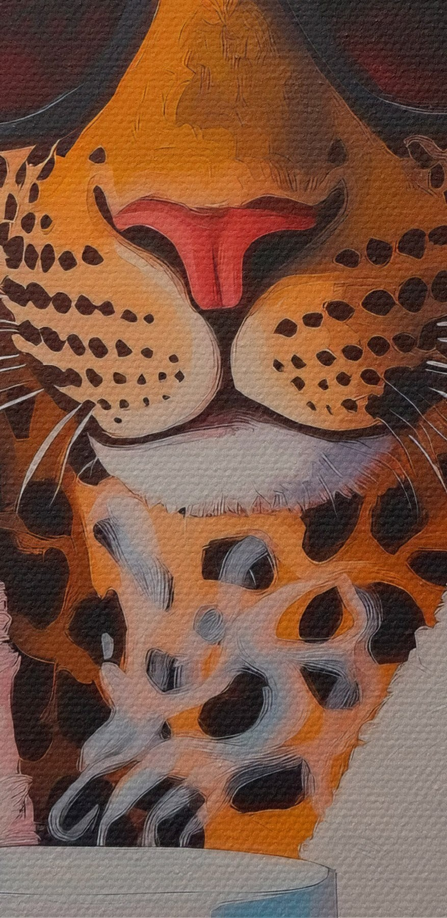 Gemälde eines Leoparden, der ein Gewand und eine Sonnenbrille trägt und eine Tasse hält