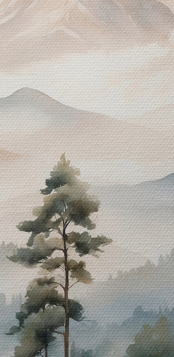 Aquarellmalerei von Bäumen und Bergen Aquarellmalerei von Bäumen und Bergen