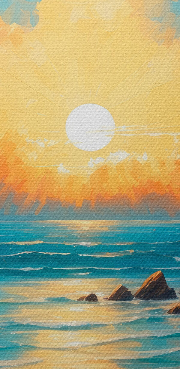 Gemälde eines Strandes mit Felsen und Wasser und der Sonne Gemälde eines Strandes mit Felsen und Wasser und der Sonne
