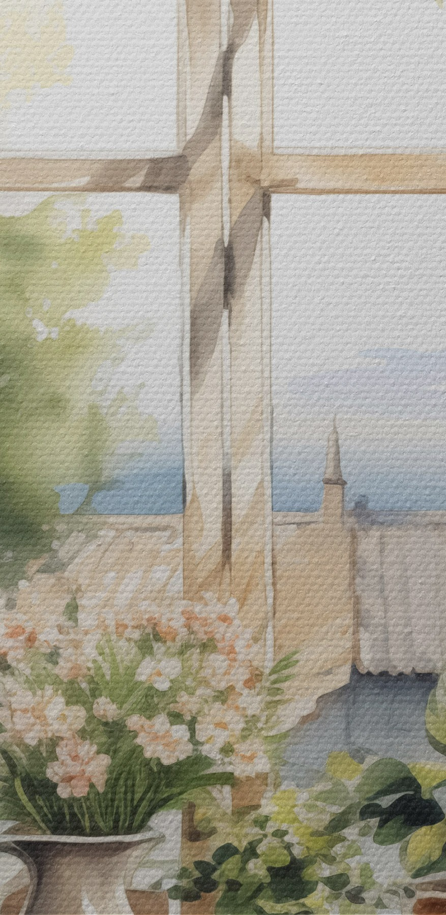 Aquarellmalerei eines Fensters mit Topfpflanzen