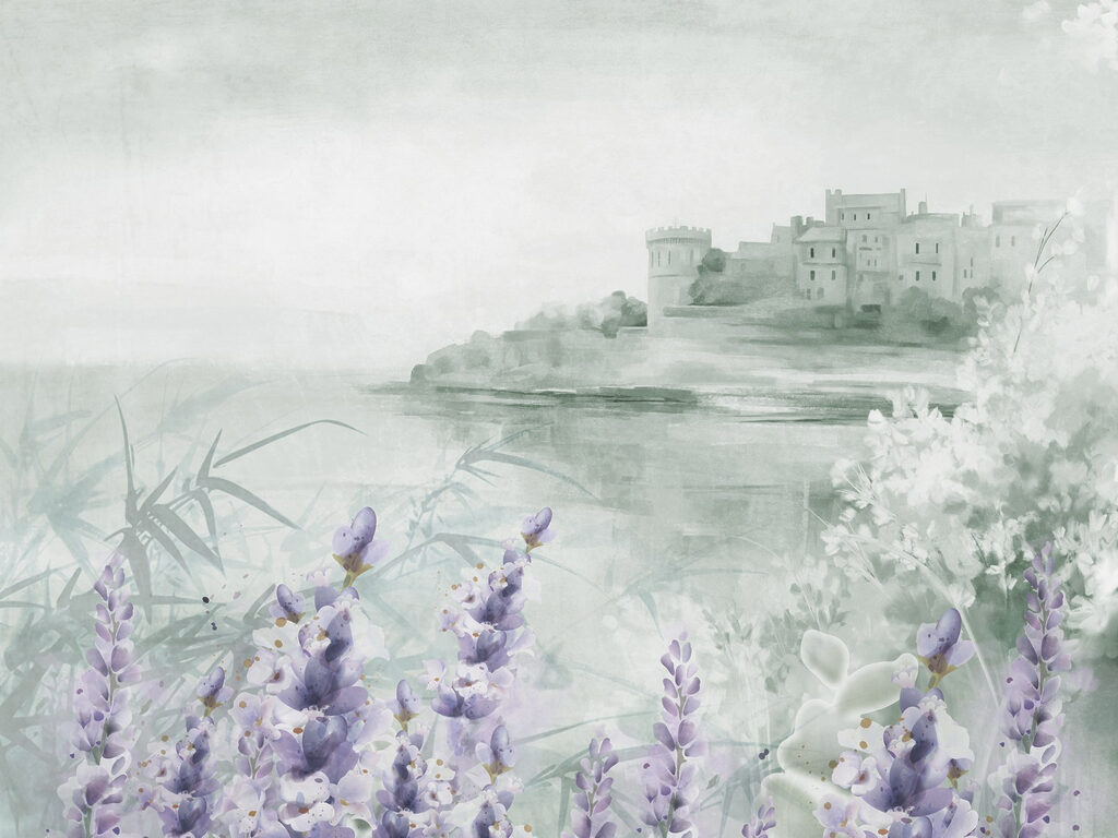 Aquarellmalerei eines Schlosses und Blumen Aquarellmalerei eines Schlosses und Blumen