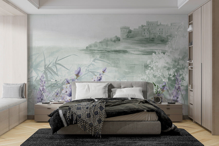 Aquarellmalerei eines Schlosses und Blumen Aquarellmalerei eines Schlosses und Blumen