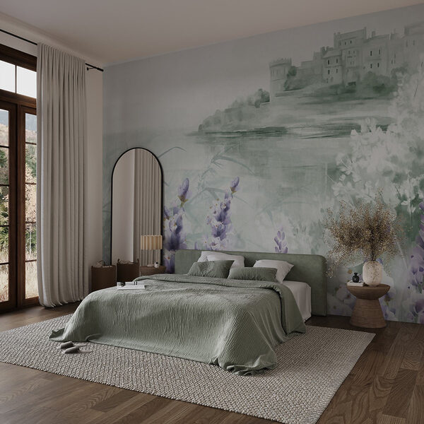 Aquarellmalerei eines Schlosses und Blumen Aquarellmalerei eines Schlosses und Blumen