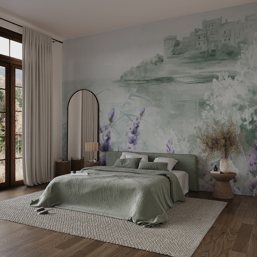 Aquarellmalerei eines Schlosses und Blumen Aquarellmalerei eines Schlosses und Blumen