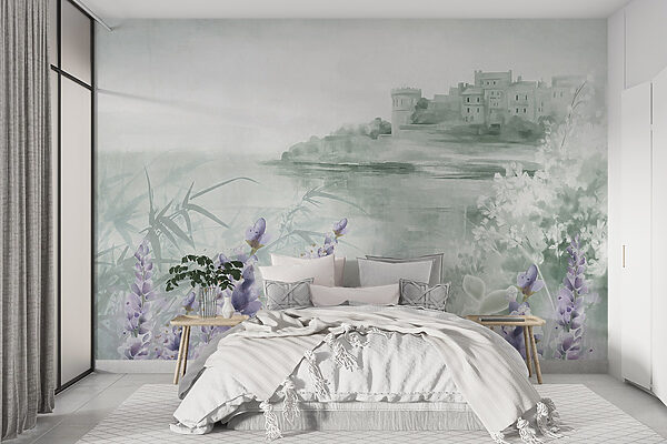 Aquarellmalerei eines Schlosses und Blumen Aquarellmalerei eines Schlosses und Blumen