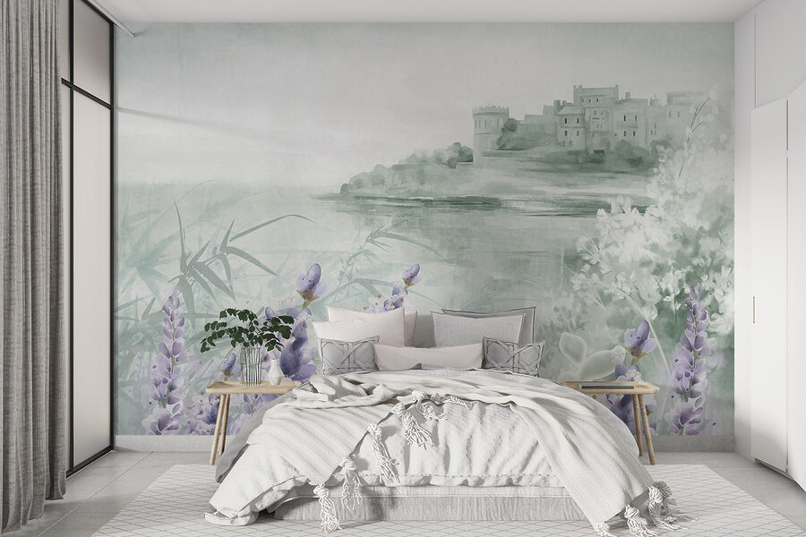 Aquarellmalerei eines Schlosses und Blumen Aquarellmalerei eines Schlosses und Blumen