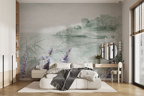 Aquarellmalerei eines Schlosses und Blumen Aquarellmalerei eines Schlosses und Blumen