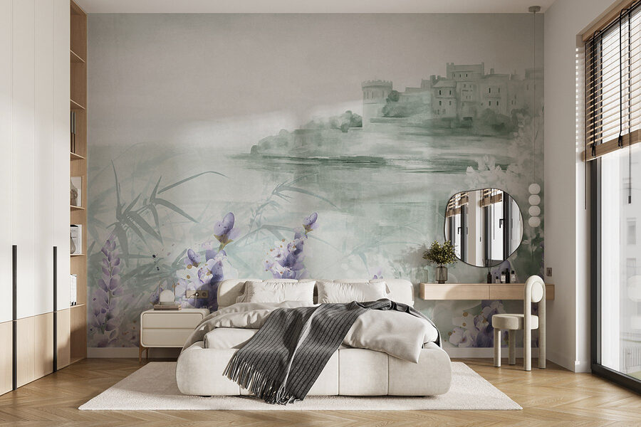 Aquarellmalerei eines Schlosses und Blumen Aquarellmalerei eines Schlosses und Blumen