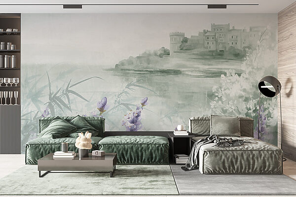 Aquarellmalerei eines Schlosses und Blumen Aquarellmalerei eines Schlosses und Blumen