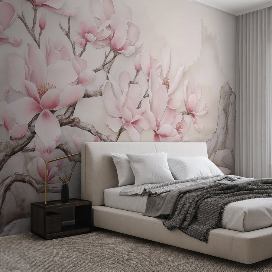 Gemälde eines Baumes mit rosa Blumen Gemälde eines Baumes mit rosa Blumen