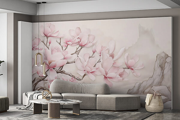 Gemälde eines Baumes mit rosa Blumen Gemälde eines Baumes mit rosa Blumen