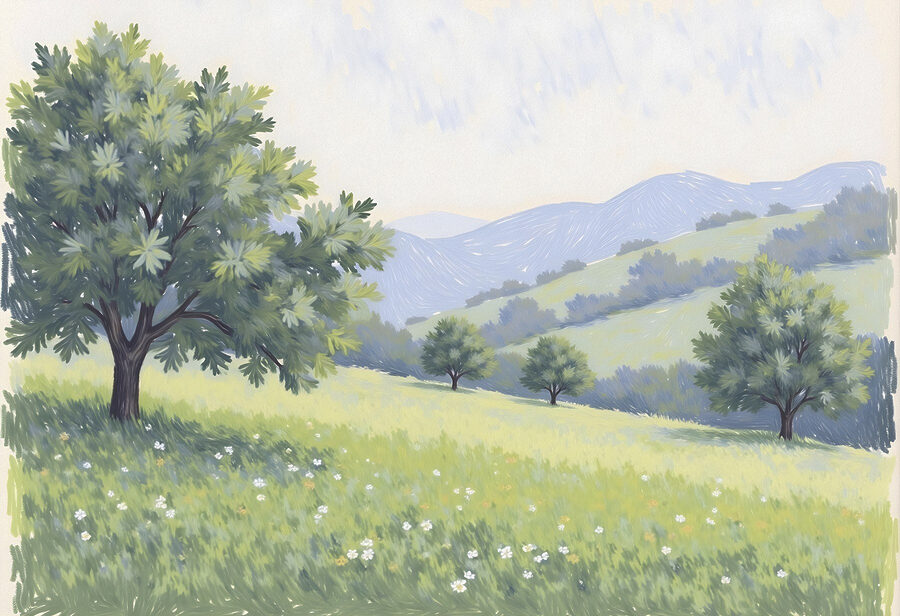 Landschaft mit Bäumen und Hügeln