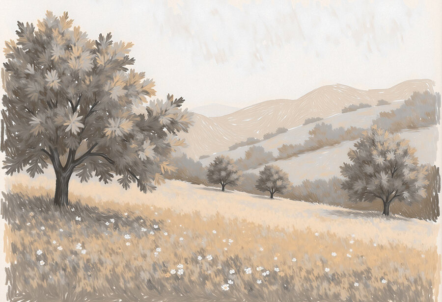 Landschaft mit Bäumen und Hügeln