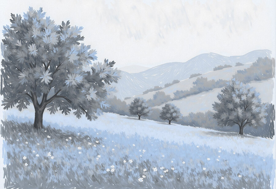 Landschaft mit Bäumen und Blumen