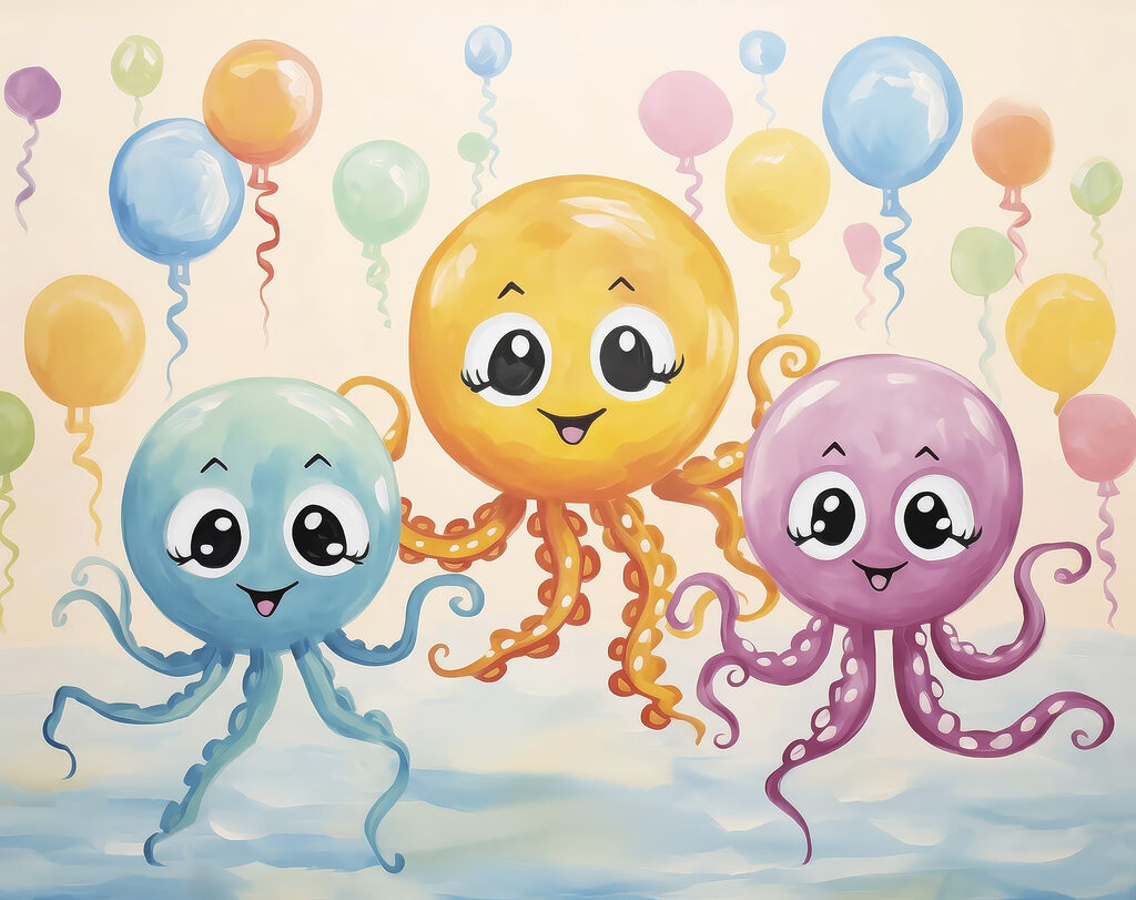 Gruppe von Tintenfischen mit Luftballons Gruppe von Tintenfischen mit Luftballons