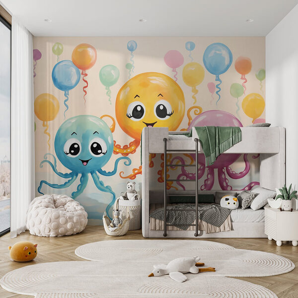 Gruppe von Tintenfischen mit Luftballons Gruppe von Tintenfischen mit Luftballons