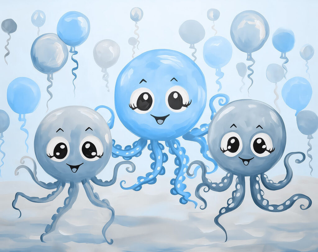 Gruppe von Tintenfischen mit Luftballons Gruppe von Tintenfischen mit Luftballons