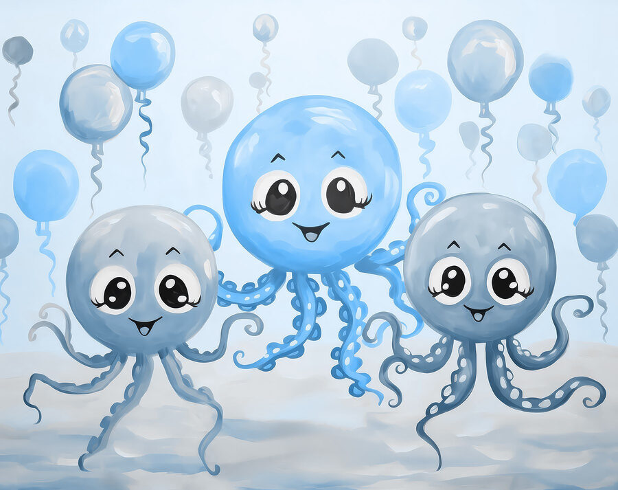 Gruppe von Tintenfischen mit Luftballons