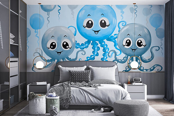 Gruppe von Tintenfischen mit Luftballons Gruppe von Tintenfischen mit Luftballons