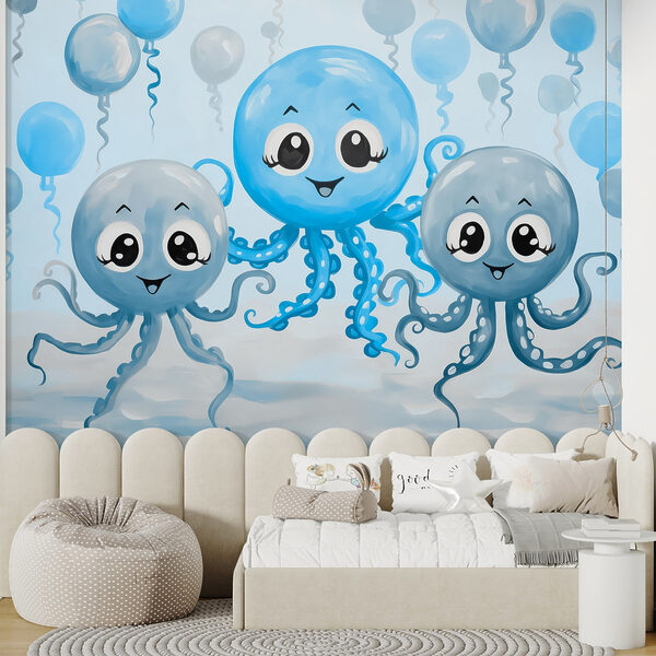 Gruppe von Tintenfischen mit Luftballons Gruppe von Tintenfischen mit Luftballons